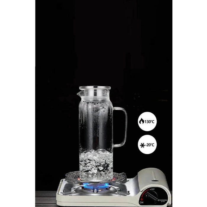 2li Retro Cam Sürahi Kulplu Çelik Kapaklı Soğuk Sıcak Kokteyl Meşrubat Cam Sürahisi 1500 ml