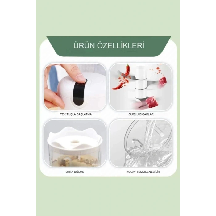 2li Şarjlı Mini El Rondosu Çelik 3 Bıçaklı 250 Ml Mutfak Robotu Hazneli Sebze Et Doğrayıc Rende