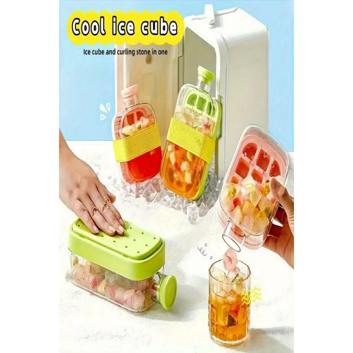 2li Yeni Nesil Basmalı Buz Kalıbı Pipetli Su Şişesi 18 Bölmeli Hazneli Buz Küpü 500+800 ML