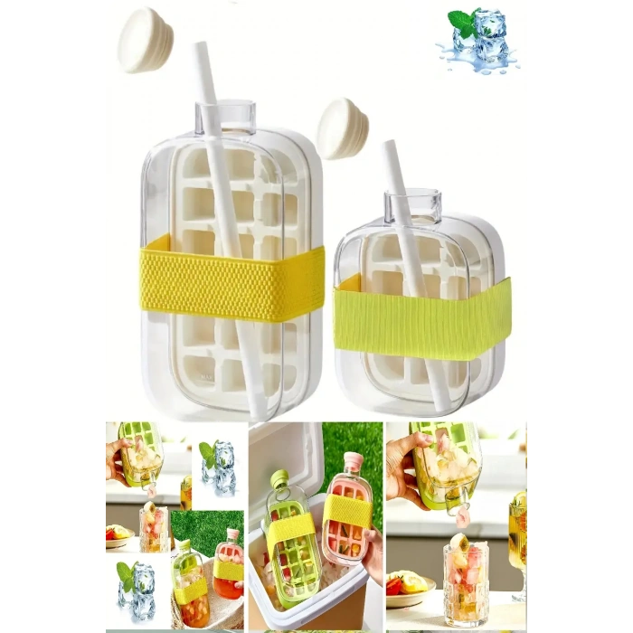 2li Yeni Nesil Basmalı Buz Kalıbı Pipetli Su Şişesi 18 Bölmeli Hazneli Buz Küpü 500+800 ML