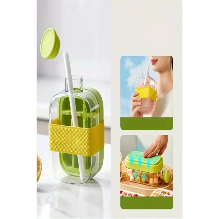 2li Yeni Nesil Basmalı Su Şişesi Buz Kalıbı Pipetli 18 Bölmeli Hazneli Buz Küpü 500+800 ML | Pembe