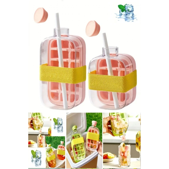 2li Yeni Nesil Basmalı Su Şişesi Buz Kalıbı Pipetli 18 Bölmeli Hazneli Buz Küpü 500+800 ML | Pembe