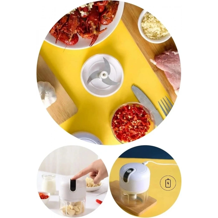 250 Ml Hazneli Mutfak Robotu Paslanmaz Bıçaklı Kompakt Şarj Edilebilir Mini El Rondosu Şarjlı Hazneli Rende