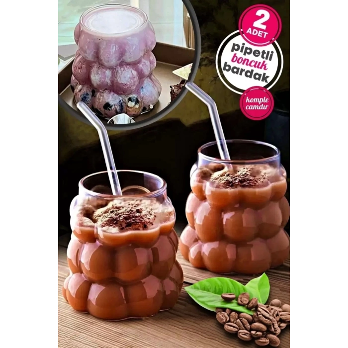 2li Boncuklu Pipetli Cam Bardak Üzüm Deseni 350 ML Meşrubat Su Kahve Sunum Bardağı Seti