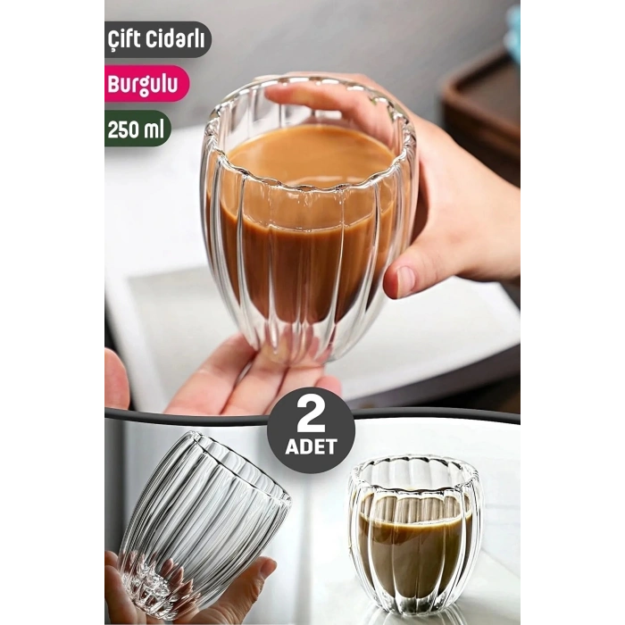 2li Cidarlı Borosilikat Tarz Origami Burgulu Bardak Çay Süt Kahve Kupası Sıcak Soğuk İçecek Bardağı