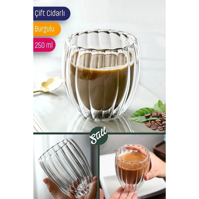 2li Cidarlı Borosilikat Tarz Origami Burgulu Bardak Çay Süt Kahve Kupası Sıcak Soğuk İçecek Bardağı