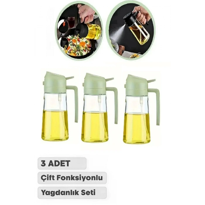 3 Adet Çift Fonksiyonlu Yağdanlık Zeytinyağı Sıvıyağ Cam Şişe Sprey Airfryer Yağlık Sirkelik 450ml
