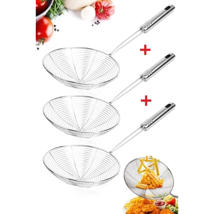 3 Adet Kızartma Maşası Kepçe Kevgir Çelik Mutfak Patates Kızartma Yağ Süzgeci Seti 3lü Çelik Kevgir