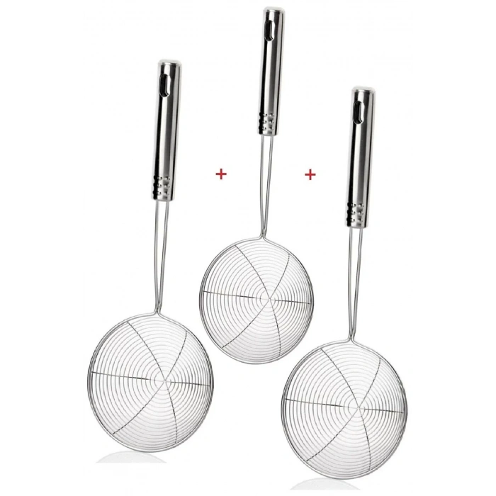 3 Adet Kızartma Maşası Kepçe Kevgir Çelik Mutfak Patates Kızartma Yağ Süzgeci Seti 3lü Çelik Kevgir