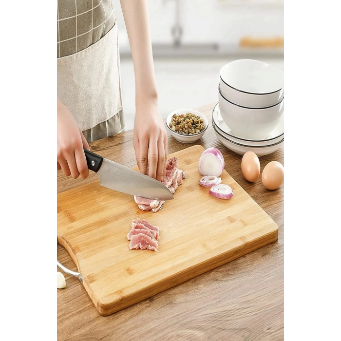 3lü Bambu Kesim Panosu Üç Boy Çelik Saplı Peynir Meyve Salata Servis Sunum Tahta Seti