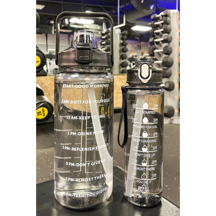 3lü Şeffaf Motivasyonel Su Matarası Su Şişesi Taşınabilir Matara Stickerlı Suluk Seti