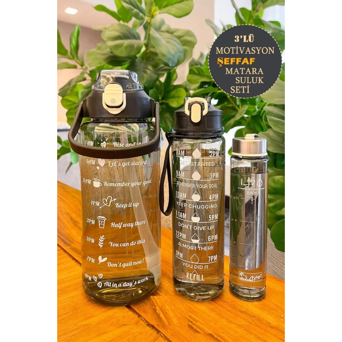 3lü Şeffaf Motivasyonel Su Matarası Su Şişesi Taşınabilir Matara Stickerlı Suluk Seti