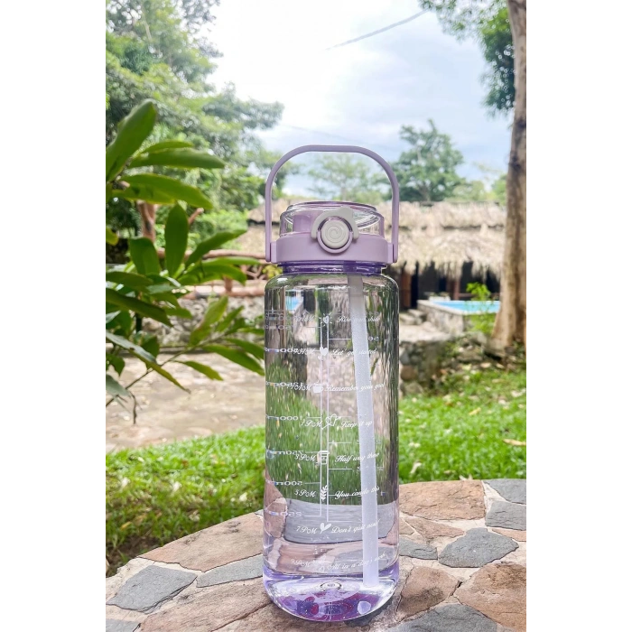 3lü Şeffaf Motivasyonel Su Matarası Su Şişesi Taşınabilir Matara Stickerlı Suluk Seti - Soft Blue