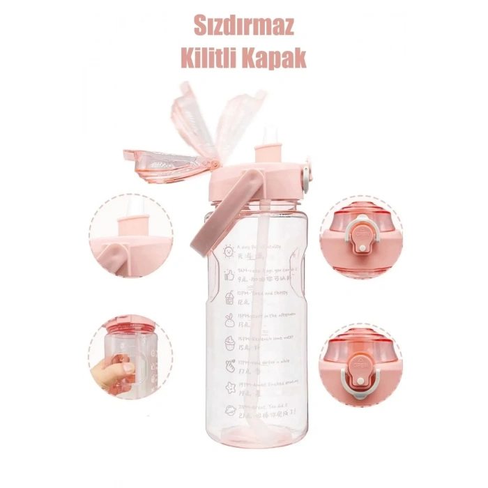 3lü Şeffaf Motivasyonel Su Matarası Su Şişesi Taşınabilir Matara Stickerlı Suluk Seti - Soft Blue