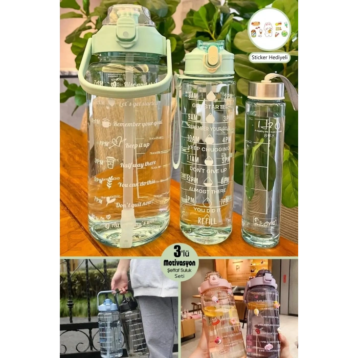 3lü Şeffaf Motivasyonel Su Matarası Su Şişesi Taşınabilir Matara Stickerlı Suluk Seti Soft Green