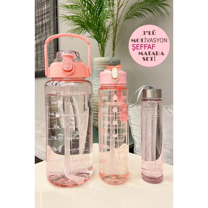 3lü Şeffaf Stickerlı Motivasyonel Su Matarası Su Şişesi Taşınabilir Matara Seti