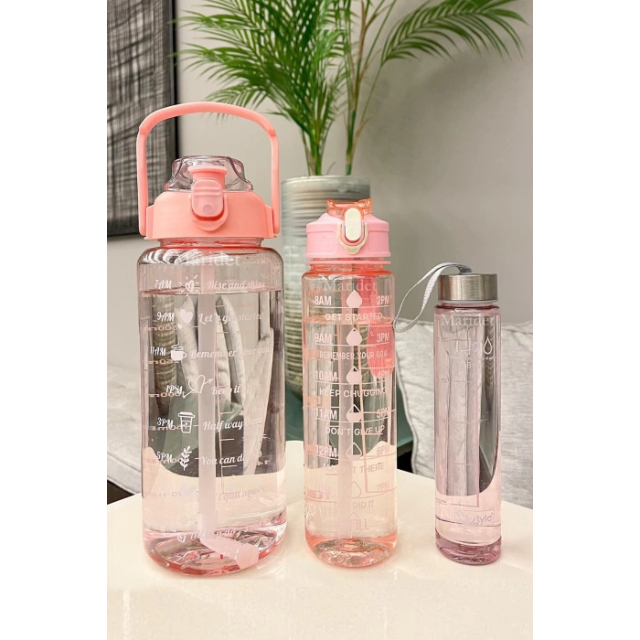 3lü Şeffaf Stickerlı Motivasyonel Su Matarası Su Şişesi Taşınabilir Matara Seti