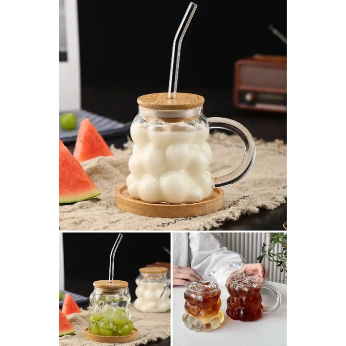 4lü Bambu Kapaklı Üzüm Boncuk Bardak Isıya Dayanıklı Cam Pipetli Kahve Sunum Bardağı