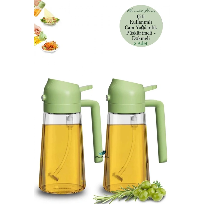 Çift Foksiyonlu Cam Yağdanlık ve Püskürtmeli Sprey Yağdanlık Sprey Yağlık Sirkelik - Yeşil