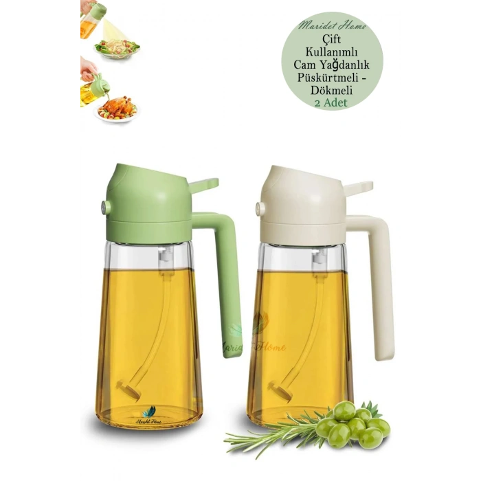 Çift Foksiyonlu Cam Yağdanlık ve Püskürtmeli Sprey Yağdanlık Sprey Yağlık Sirkelik | Yeşil-Krem