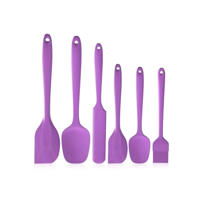 6 lı Silikon Fırça Spatula Servis Takımı Yanmaz Yapışmaz Fırçası Kaşık Bıçak Spatula Seti - Mor