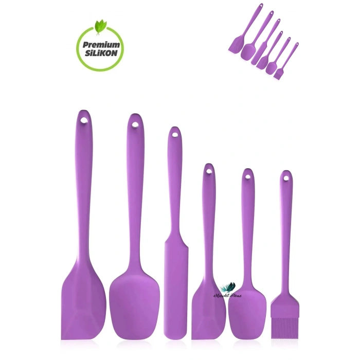 6 Parça Silikon Spatula Seti Pasta Yumurta Fırçası Kaşık Bıçak Spatula Yemek Hazırlık Seti Mor
