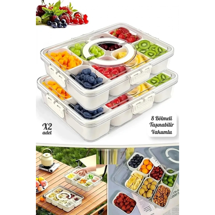 8 Bölmeli Kilit Kapaklı Taşınabilir Saklama Kabı Kahvaltılık Organizer Gıda Kutusu Piknik Seti | 2 Adet