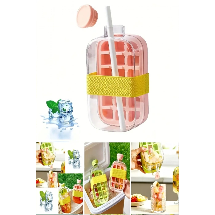 800 ML Yeni Nesil Basmalı Buz Kalıbı Pipetli Su Şişesi 18 Bölmeli Hazneli Buz Küpü - Pembe