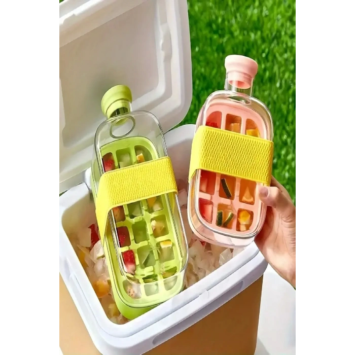 800 ML Yeni Nesil Basmalı Buz Kalıbı Pipetli Su Şişesi 18 Bölmeli Hazneli Buz Küpü - Yeşil