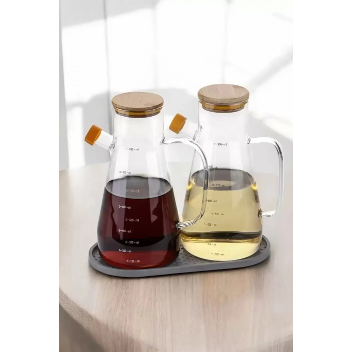 900 Ml Bambu Kapaklı Cam Yağdanlık Vakumlu Silikon Stantlı Sirkelik Zeytinyağı Şişesi Yağdanlık Seti