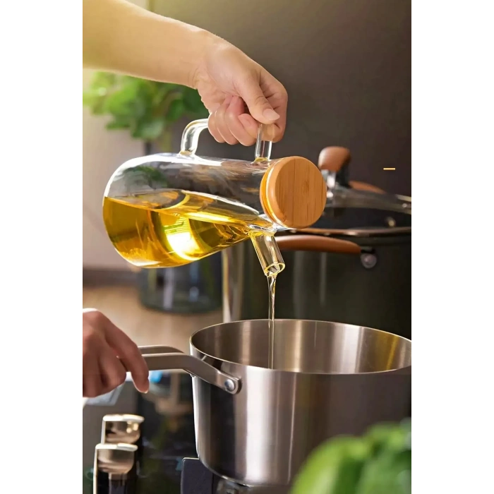 900 Ml Bambu Kapaklı Cam Yağdanlık Vakumlu Silikon Stantlı Sirkelik Zeytinyağı Şişesi Yağdanlık Seti