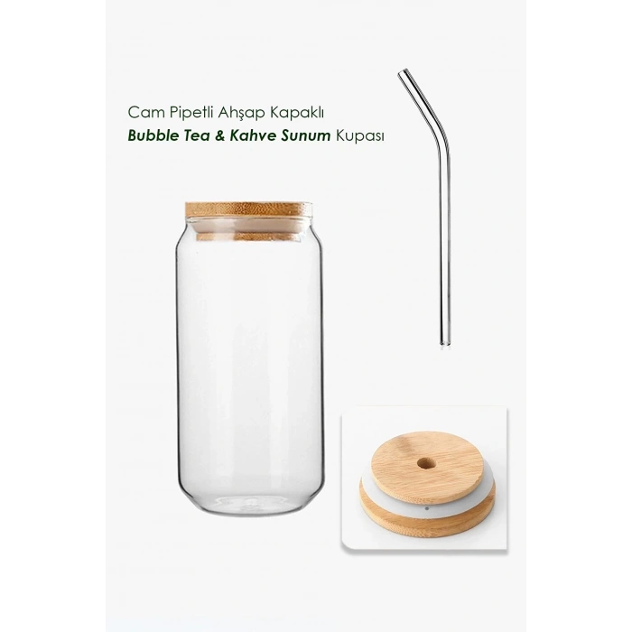 Bambu Kapaklı Isıya Dayanıklı Cam Pipetli 550 ml Meşrubat Kahve Sunum Bardağı | 4 Adet