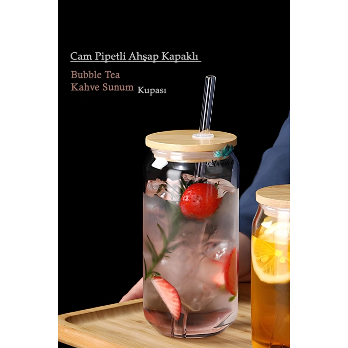 Bambu Kapaklı Pipetli Isıya Dayanıklı Cam Bardak Kola Kutu Şekilli Kahve Sunum Bardağı 2 Adet