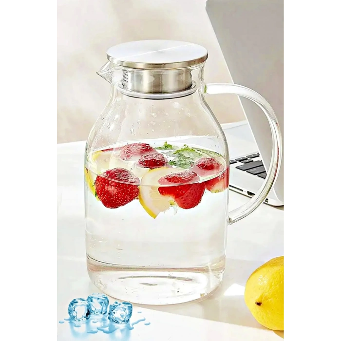 Borosilikat Cam Modern Sürahi Cam Kulplu Metal Kapaklı Sıcak Soğuk Kokteyl Meşrubat Karaf Sürahi