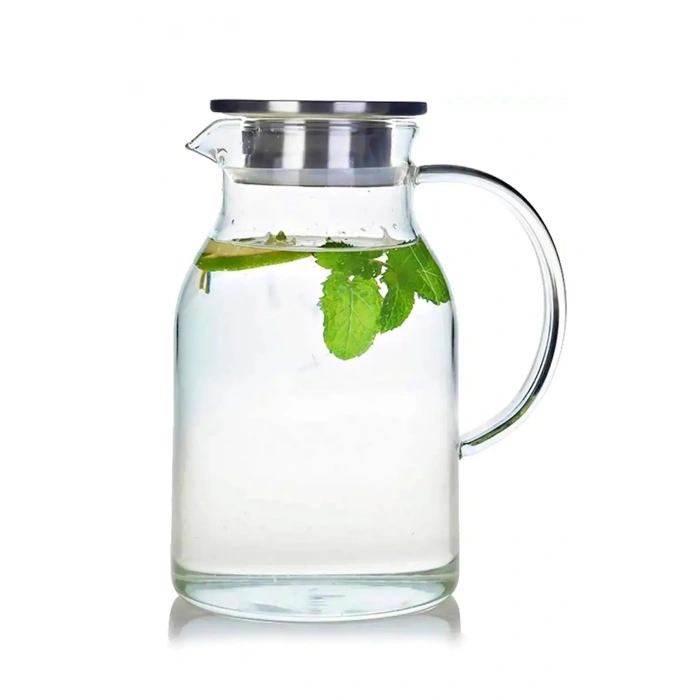 Borosilikat Cam Modern Sürahi Cam Kulplu Metal Kapaklı Sıcak Soğuk Kokteyl Meşrubat Karaf Sürahi
