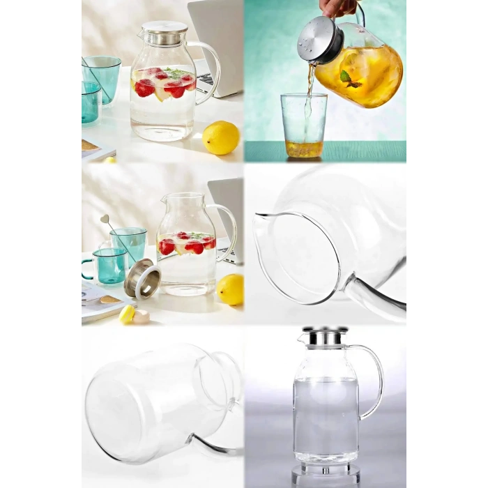 Borosilikat Cam Modern Sürahi Cam Kulplu Metal Kapaklı Sıcak Soğuk Kokteyl Meşrubat Karaf Sürahi