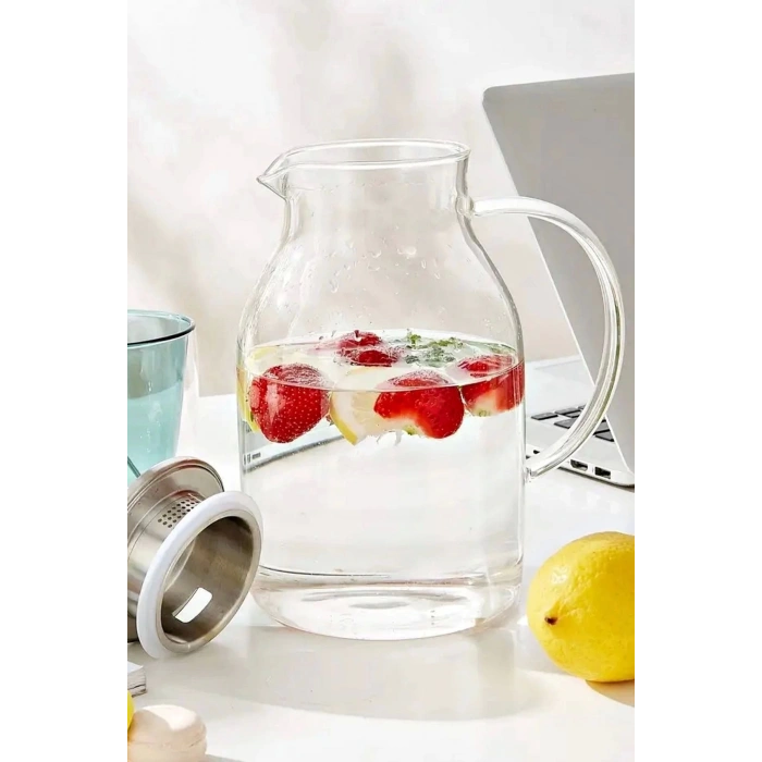Borosilikat Cam Modern Sürahi & Karaf Cam Kulplu Metal Kapak Tasarım Sıcak Soğuk Meşrubat Sürahisi