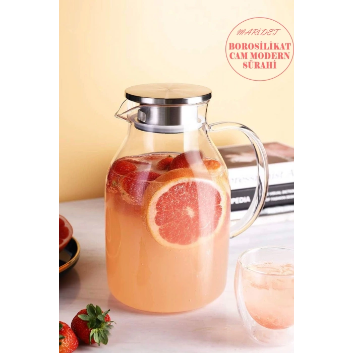 Borosilikat Cam Modern Sürahi & Karaf Cam Kulplu Metal Kapak Tasarım Sıcak Soğuk Meşrubat Sürahisi