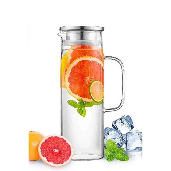 Borosilikat Cam Sürahi Karaf Çelik Kapaklı Soğuk Sıcak Kokteyl Sürahi 1800 ML