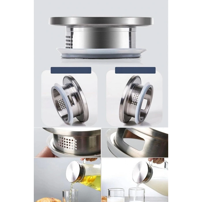 Borosilikat Cam Sürahi Karaf Çelik Kapaklı Soğuk Sıcak Kokteyl Sürahi 1800 ML