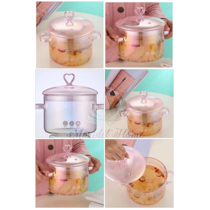 Borosilikat Isıya Dayanıklı Pembe Kalp Figürlü Cam Tencere Termisil Ocak Üstü Tencere