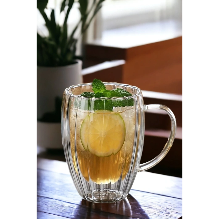 Burgulu Origami Stil Cam Bardak Çay Süt Kahve Kupası Sunum Bardağı 450 ML