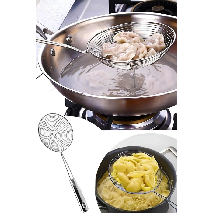 Çelik Kevgir Süzgeç Seti Patates Sebze Yağ Kızartma Kevgiri Tel Kepçe 3lü Servis Seti Çelik Kevgir Süzgeç Seti 3lü