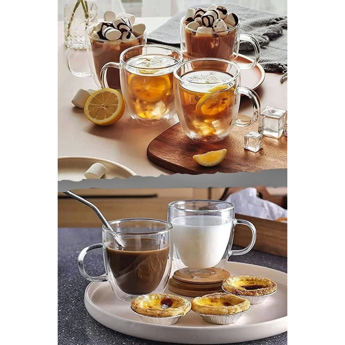 Çift Camlı Çift Cidarlı Cam Kupa 350 Ml Ev Ofis Fincanı Çift Katlı Isı Yalıtıml Kulplu Cam Bardak El Yapımı