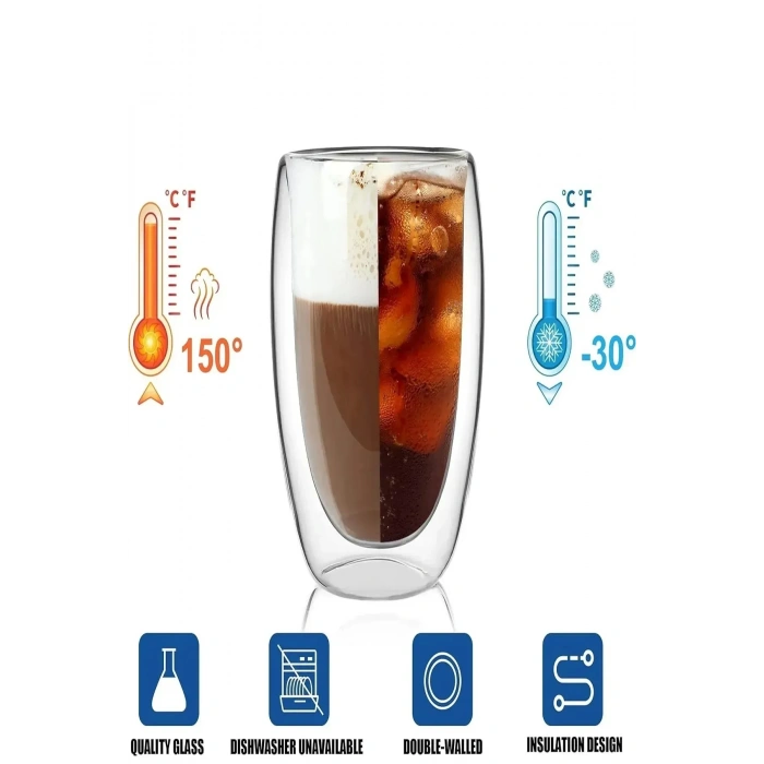 Çift Cidarlı Bardak 250 ml Ev Ofis Çay Fincanı Kahve Sunum Bardağı Dayanıklı Kupa Cam Bardak 2li