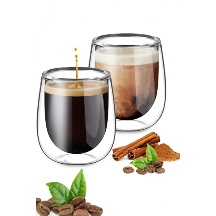 Çift Cidarlı Bardak 250 ml Ev Ofis Çay Fincanı Kahve Sunum Bardağı Dayanıklı Kupa Cam Bardak 2li