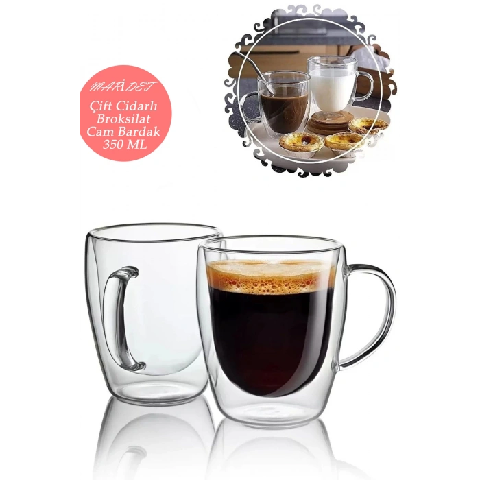 Çift Cidarlı Cam Kupa 350 Ml Ev Ofis Fincanı Çift Katlı Isı Yalıtıml Kulplu Cam Bardak