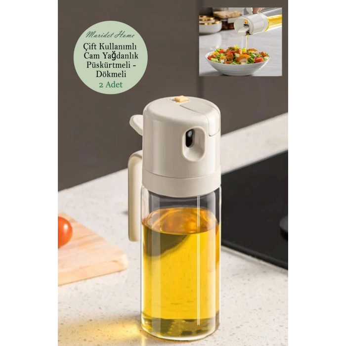 Çift Foksiyonlu Cam Yağdanlık Püskürtmeli Sprey Zeytinyağı Sıvıyağ Şişesi - 2 Adet