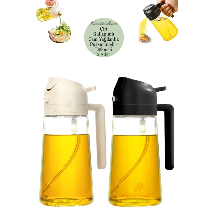 Çift Foksiyonlu Cam Yağdanlık ve Püskürtmeli Sprey Yağdanlık Sprey Yağlık Sirkelik | Yeşil-Siyah