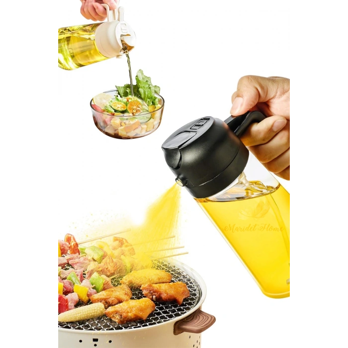 Çift Foksiyonlu Cam Yağdanlık ve Püskürtmeli Sprey Yağdanlık Sprey Yağlık Sirkelik | Yeşil-Siyah